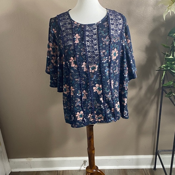 Knox Rose Navy Blue Floral Blouse - Picture 1 of 4